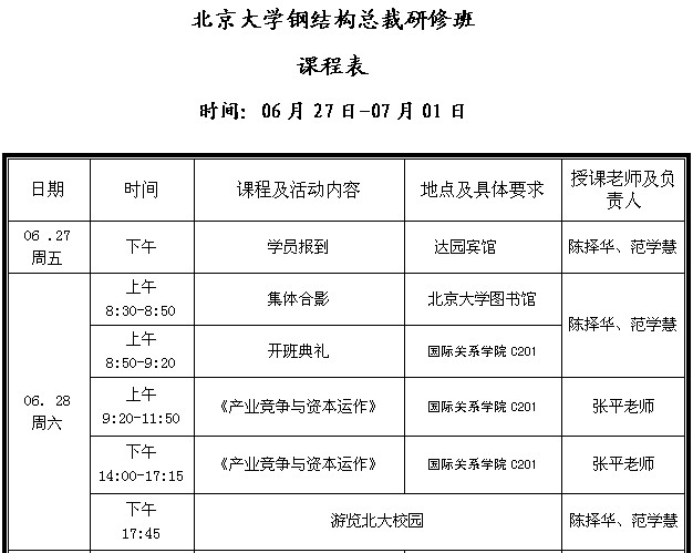 北京大學鋼結(jié)構總裁研修班課程表